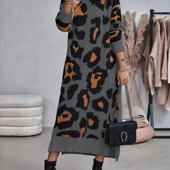 Multicolor Casual Women's Leopard Print Turtleneck Sweater Dress - Picture 5 of 6